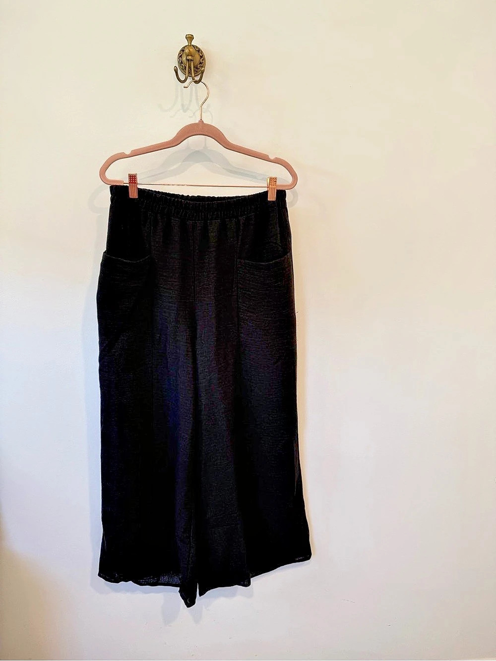 Zenana Woven Pleated Linen Blend Wide Leg Pants Black Large